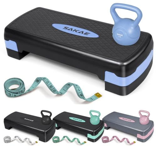 SAKAE Blue Step Aerobics Platform Set with Kettlebell & Measuring Tape, Aerobic Steppers for Exercise at Home, Adjustable Height 2 Level Risers Workout Step Trainer with Non-Slip Surface