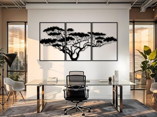 Kajaro Bonsaibaum Wandbild Holz 3-teilig, 1200x600 mm, selbstklebend | Gratis: zweites kleineres Bild. Selbstklebende Holz-Wanddeko in Metalloptik, einfache Montage ohne Bohren.