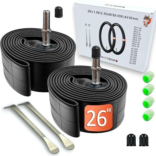 Lot de Chambres à air vélo 26 Pouces | pour valves AV SV DV | 26x1.90 à 26x2.30 | VTT MTB Trekking City | INCL. démonte-pneus & Capuchons Lumineux