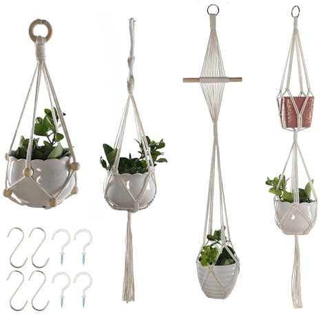 Aurafly 4 Piezas Colgador para Plantas Macramé Perchas de Plantas Interior Colgante de Plantas Macrame Soportes Colgantes de Macramé para Interior, Exterior, Jardín, Balcón y Patio