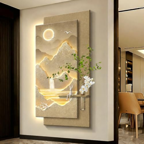 3D-Wandbild aus Sandstein, moderne Wandskulptur mit LED-Beleuchtung und Fernbedienung, Sandstein-Landschaftsbild mit Vase, für Flur, Wohnzimmer, Büro(40 * 80CM)