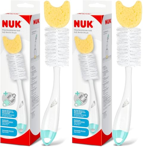 Goupillon NUK 2 en 1 Souple avec éponge | pour biberons et tétines | Couleurs Assorties (Lot de 2)