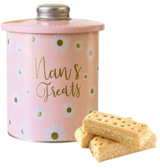 TinTastic Nan’s Treats Shortbread Biscuits Tin 180g – Traditional Butter Shortbread Cookies inside a Reusable Pink & White Daisy Floral Design Cookie Tin – Gift for Nan