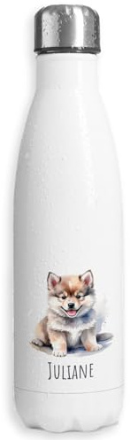 Thermosflasche personalisiert mit Namen | Niedlicher Hundewelpe, Hund | 500 ml | auslaufsichere Edelstahl Trinkflasche Wasserflasche für Kinder Mädchen Jungen