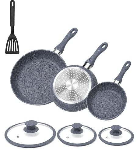 VKZ Set Pentole e Padelle 3 Pezzi, 3 Padelle Antiaderenti con 3 Coperchi in Vetro + 1 Utensili da Cucina, Rivestimento Antiaderente, Manici Ergonomici, Adatte a Gas e Induzione(grigio)