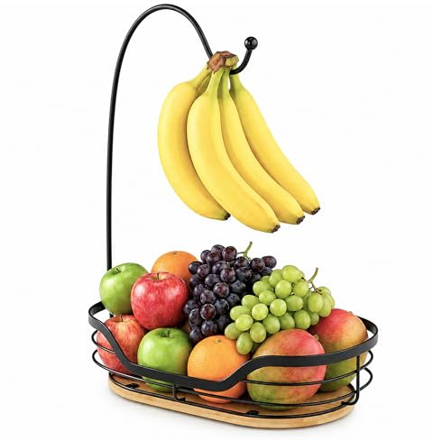 Dvocel Obstkorb mit Bananenhalter Obstschale Metall mit Bambusboden Früchtekorb für Küche Arbeitsplatte & Tisch Moderner Obstständer für Obst, Gemüse, Brot & Snacks, Obstkorb Schwarz