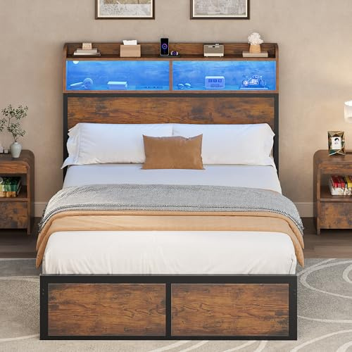 YITAHOME Estructura de Cama LED con cabecero, Puertos USB y Salidas de Carga, Plataforma de Metal, Marco de Cama con 2 estantes, no Requiere colchón, marrón, 200 x 120 cm