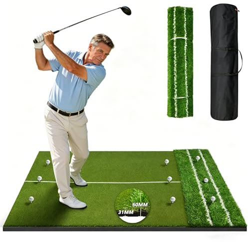 Large Golf Practice Mat, Dual-Turf Golf Hitting Mat with Built-in Ball Tray, Alignment Lines, 3 Tees 9 Practice Balls, Indoor Outdoor Golf Training Mat for Garden, Backyard, Garage