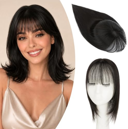 Benehair Haartopper Echthaar Oberkopf mit Fashion Bangs 360° 3D-Abdeckung Clip-in-Pony Haar Toppers Echthaar mit Pony für dünner werdendes Haarteil 30cm 35g #1B Natürliches Schwarz