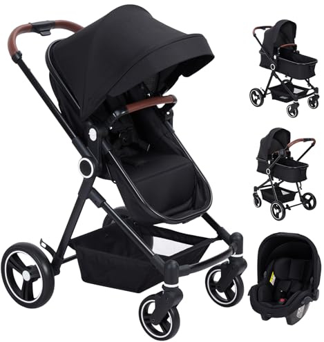 kinderwagen 3 in 1, KombiKinderwagen Set up to 26 kg | Babywanne & Babyschale – einhändig faltbar, Liegefunktion, wendbarer Sitz, leichtes Gestell, Großes Verdeck, Regenschutz