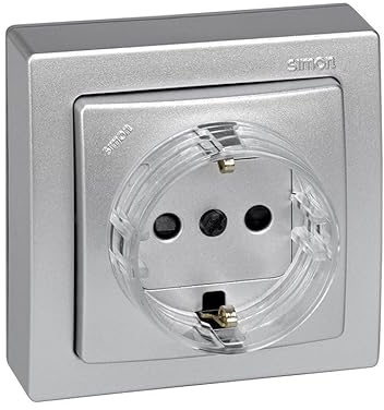 SIMON 73 LOFT – Base de Enchufe Schuko con Toma Tierra, Mecanismo de Superficie, Serie Compacta para Reformas sin Obra, Acabado Color Aluminio