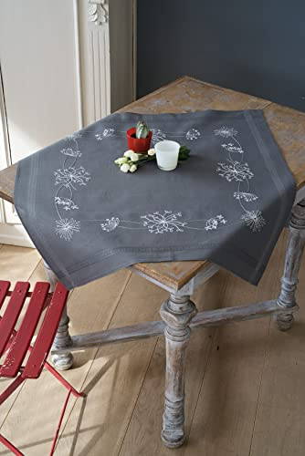 VERVACO Stickpackung Tischdecke Sticken Set Erwachsene Vorgedruckt Weiße Blumen & Gräser Stickdecken Vorgezeichnet Decke Sticken Stickpackung Plattstich 80 x 80 cm Kreatives Geschenk