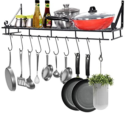 Cocoarm Wall Mounted Pot Rack 90cm Iron Shelf with 10 Hooks | Matte black iron, space saving kitchen storage, for cookware utensils towels, fits kitchen bathroom balcony