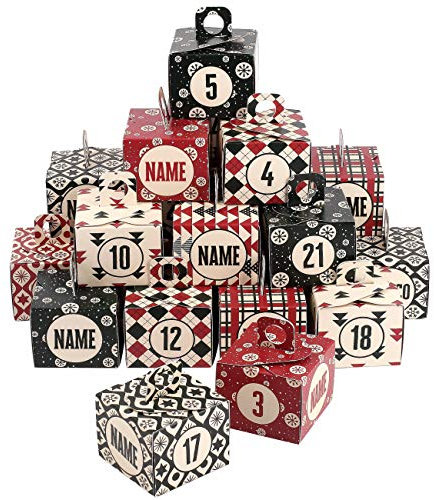 Herz & Heim® Kisten Adventskalender zum Befüllen DIY aus 24 Schachteln - Boxen im nordischen Design mit Namen personalisiert Kisten Set, Kordel, Klammern