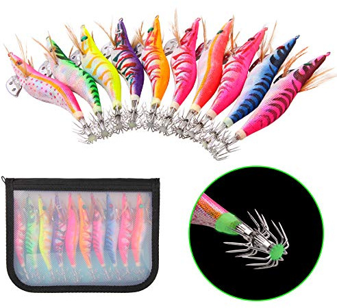 Shaddock Kunstköder für Tintenfisch, leuchtend, Angelhaken, Garnelen, Kunstholz, Garnelen, Angelköder, 10 Stück, 2.5#-10pcs
