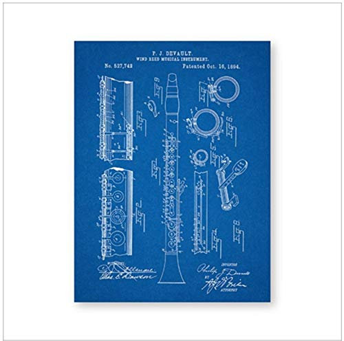 HSFFBHFBH Leinwand Malerei Klarinette Poster Jazz Kunstdrucke Vintage Klarinette Blaupause Musiker Geschenk Musikzimmer Dekor 50x70cm (19.7x27.6) Kein Rahmen