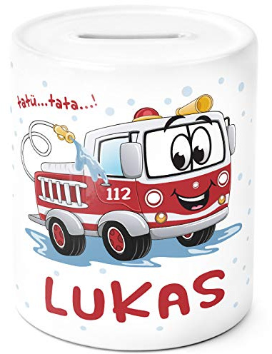 SpecialMe® Kinder Spardose mit Namen personalisierbar Feuerwehr-Auto Sparschwein Keramik weiß Unisize
