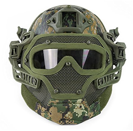 PJ Schneller taktischer Helm Airsoft Paintball Schutzhelm Vollgesichtsmaske Molle Mesh Atmungsaktive Schutzbrille Für militärische CS Paintballschießen, Jagen, Radfahren, Motorrad, Outdoor-Sport