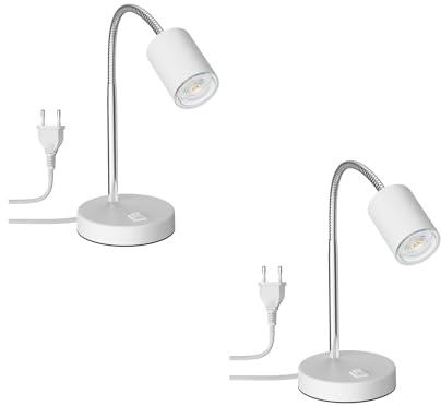 ledscom.de 2x Tischleuchte WAIKA mit Schwanenhals und Schalter weiß matt, inkl. GU10 LED Lampe (warmweiß, 5,4W, 510lm, 45°)