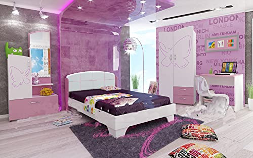 Cameretta Completa con Armadio 2 Ante Scrivania Letto Singolo Mobiletto Cameretta Moderna Cameretta Bambina Camera da Letto Moderna Bianca e Rosa CCU3