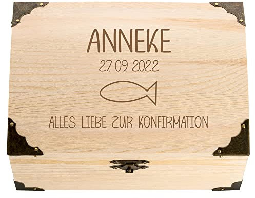 4youDesign Schatztruhe zur Konfirmation mit persönlicher Gravur – Motiv Fisch – personalisiertes Geldgeschenk mit Name & Datum – Erinnerungsbox (Fisch)