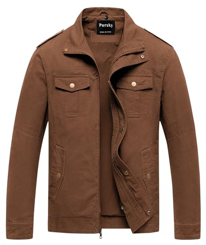 Pursky Mens Military Style Jacket Cotton Jacket Causal Lightweight Cargo Bomber Windbreaker Coat Coffee S