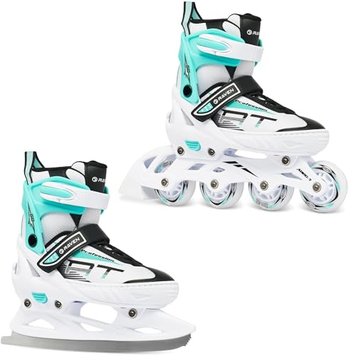 RAVEN Profession - Roller en Ligne - Patin à Glace 2 en 1 - Blanc/Menthe - Taille 35-39 (23cm-25,5cm) - Régables