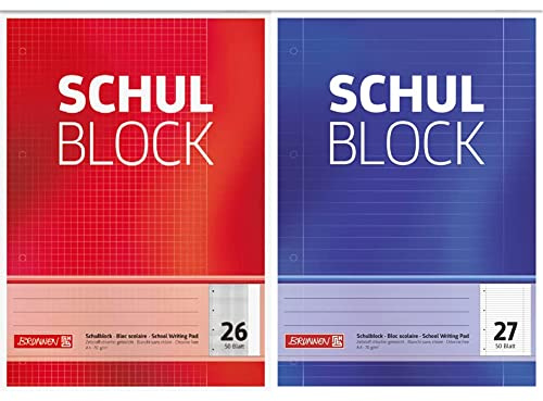 Brunnen 1052526 Schulblock/Notizblock (A4, 50 Blatt, kariert, mit Rand, Lineatur 26, 70 g/m²) & 1052527 Schulblock/Notizblock (A4, 50 Blatt, liniert, mit Randlinien, Lineatur 27, 70 g/m²)