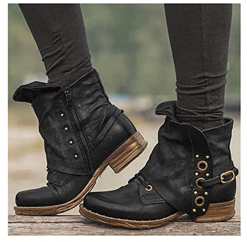 MIYYO Stivaletti Biker Autunno-Inverno Booties da Donna in Pelle PU Vintage Ankle Boots da Combattimento con Cerniera Stivali Corti alla Moda con Borchie Boots da Neve Caldi for L'esterno