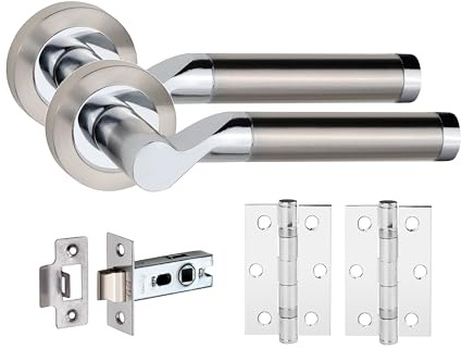 Golden Grace Titan Door Handles Lever, Dual Nickel/Chrome, 1 Pair | Includes 64mm tubular latch, ball bearing hinges, spindle, and screws for a complete, hassle-free installation.