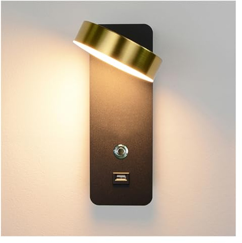 LED Wall Sconces with Switch, with USB Port Bedside Wall Light 350° Rotatable Wall Mounted Reading Lamp 9W Warm White Touch Switch Adjustable Brightness LED Spotlight for Bedroom Living Room Hotel