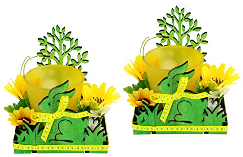 Teelichthalter Windlicht mit Blüten Osterhase und Glas 2er Set Kerzenhalter Holz-Tischdeko Kerzenhalter Kerzenleuchter Frühlingskranz Teelicht Deko Frühjahrsdeko Osterdeko Wohnaccessoire 3D Bild