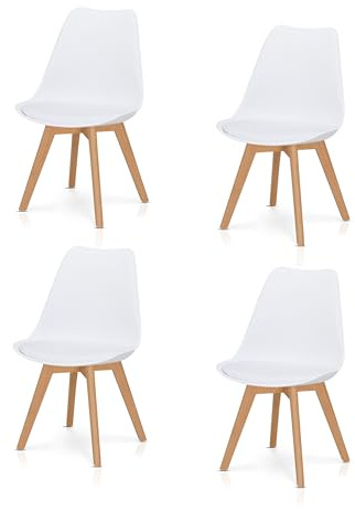 KHG 4er-Set Esszimmerstühle Polsterstuhl Skandi Look, LED, 150 kg, bis 150 | Stuhlbeine Massivholz Buche, Kunststoff Sitzschale, gepolstertes Kunstleder-Sitzkissen, modern & pflegeleicht