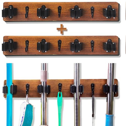 Saderoy 2 Pack Mop and Broom Holder Wall Mount Solid Wood Broom Rack Wall Mount 4 Positions 3 Hooks for Home, Kitchen, Garden, Tools, Garage Organizing, Cleaning Supplies Organizer Indoor Outdoor