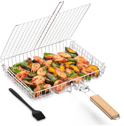 UNCO- BBQ Grill Basket with Wooden Handle, Stainless Steel, Heavy Duty Fish Grill Baskets for Outdoor Grill, Fish Basket for Grilling Basket for Outdoor Grill