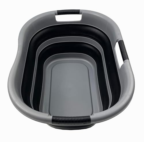 SAMMART 40L zusammenklappbarer Wäschekorb aus Kunststoff – platzsparender Aufbewahrungsbehälter/Organizer – tragbare Waschwanne – Faltbarer Pop-Up-Wäschekorb/Korb (1, Grau/Schwarz)