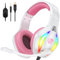 Fachixy FC100 Cascos Gaming para PS4, PS5, PC, Xbox One, Switch, Auriculares Gaming Cancelación de Ruido, Cascos con Microfono Estéreo Sonido, Cascos para PS4 con 3.5mm Jack con Luz RGB (Rosa)