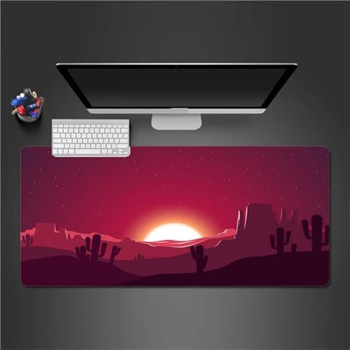 QiHon Gaming Mauspad XXL Kaktus Sonnenaufgang Großes Mauspad Schreibtischauflage mit Vernähte Kanten Einer speziellen Oberfläche verbessert Geschwindigkeit und Präzision 600x300x3mm