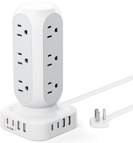 TenTrend 65W Fast Charging Station, Flat Plug Power Strip Tower with 12 AC Outlets & 8 USB Ports (2 PD USB-C Ports), 10FT Extension Cord, Compatible for MacBook Pro, iPhone Series.