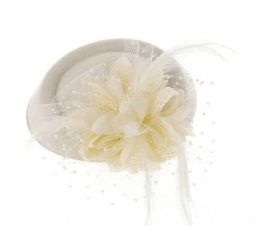 Süßer Fascinator-Hut mit Haarspange, dekorativer Feder-Blumen-Mesh-Zylinder-Haarschmuck(Beige)