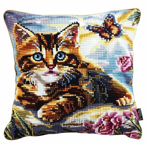 Lfynior Coussin Point de Croix Chat Coussin Décoratif Brodé 45X45cm Coussin Brodé avec Fil et Aiguille à Broder Décoration Point de Croix Complet Broderie Pré-imprimé DIY pour Adulte la Chambre