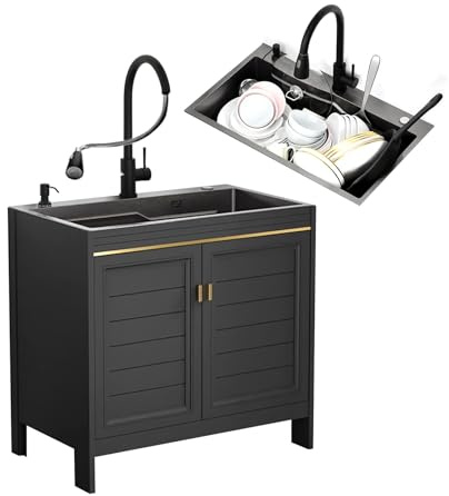 Outdoor Stainless Steel Sink Kitchen Freestanding Sink With Cabinet Laundry Utility Sink With Hose Drainer Unit And Tap Storage Shelf For Restaurant,Bar,Laundry,Garage,Backyard(80x45cm/31.4x17.7in)