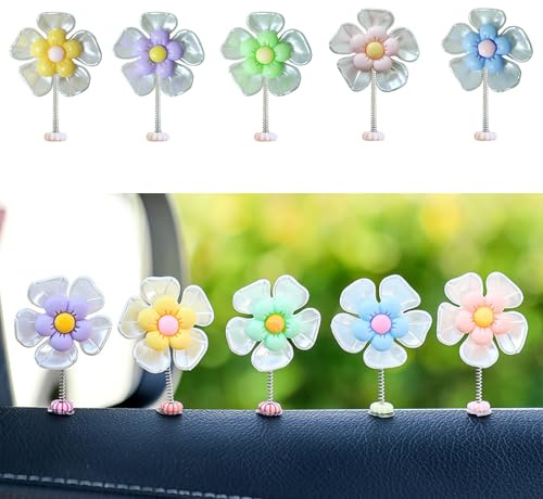 VBGURR 5 Stück Auto Deko Klein, Niedliche Auto Gadgets Innenraum Gänseblümchen Wackelfigur Auto Zubehör Innenraum Deko