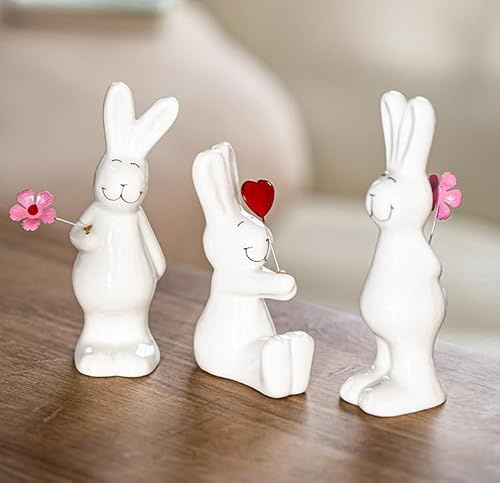 Osterhase Deko aus Keramik, 3 Stück Osterdeko Mini Hase Figuren, Frühlingsdeko Miniatur Kaninchen Statue, Porzellan Kleine Osterhasen Aufsteller Mikrolandschaft für Ostergeschenke ​Frühling Deko