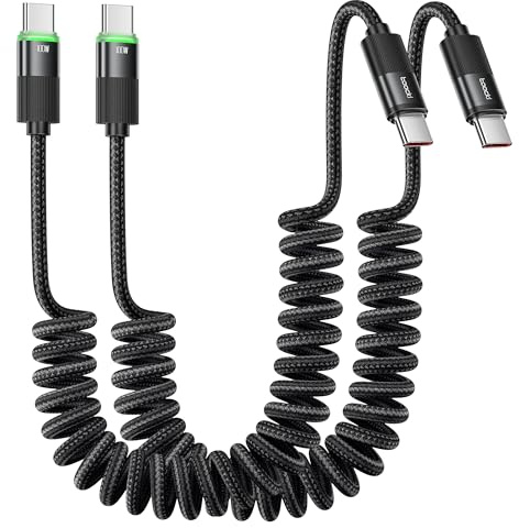toocki Cable USB C a USB C Espiral 100W 2 Pack 1.2M, Tipo-C con LED, Negro | Carga Rápida, Cable Retráctil, para Android Auto/Carplay/iPhone 17/16 Pro Max/Galaxy S25/S24/Pixel/Xiaomi, Ideal Coche/Viaje