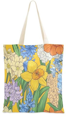Sacs en toile jaune personnalisables fleurs jonquilles jacinthes hémérocalles jaunes fleurs de printemps jacinthes jacinthes hémérocalles jaune sac fourre-tout en toile avec poches pour voyage en