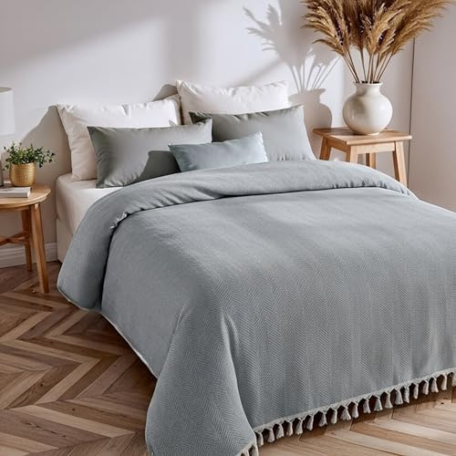 Loomvia Bettüberwurf & Tagesdecke 200x220 cm aus 100% Baumwolle - Anthrazit - Boho Baumwolldecke als Sofadecke, Sofaüberwurf - Pflegeinfos unter Info zu diesem Artikel