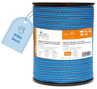 Farmland Herkules Xtra Power Weidezaunband - 400 Meter Weidezaun Band mit 0,08 Ohm/m Widerstand - Robustes Weideband mit NIRO und Aluleitern - 12 mm breites Weidezaun Breitband für alle Tierarten