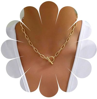 Enautoabs Minimalist Gold Chain Toggle Clasp Necklace Plated Chunky OT Necklaces Paperclip Link Choker Necklace Dainty Gold Statement Necklaces Jewelry for Women(Paperclip Chain)