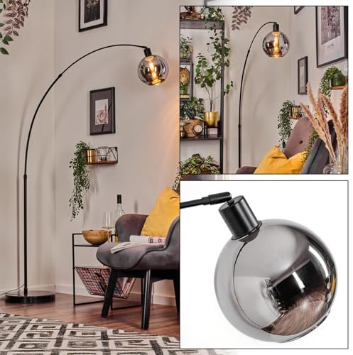 HOFSTEIN Stehleuchte Koyoto, Stehlampe mit Marmorfuß aus Metall/Glas in Schwarz/Chrom/Rauch, verstellbare Leuchte im Vintage-Design (Schirm Ø 20 cm), Fußschalter, E27, Wohnzimmer, Schlafzimmer, Büro